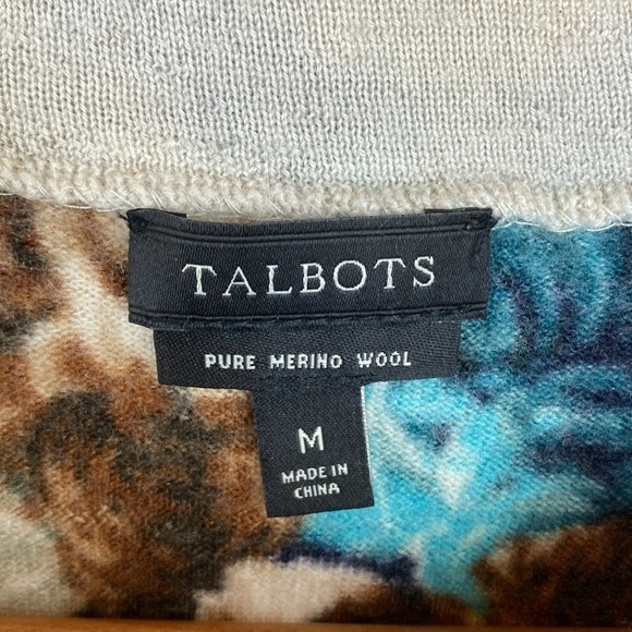 Talbots 100% Merino Wool Blue & Brown Dark Floral Print Crew Neck Sweater M - Picture 5 of 6
